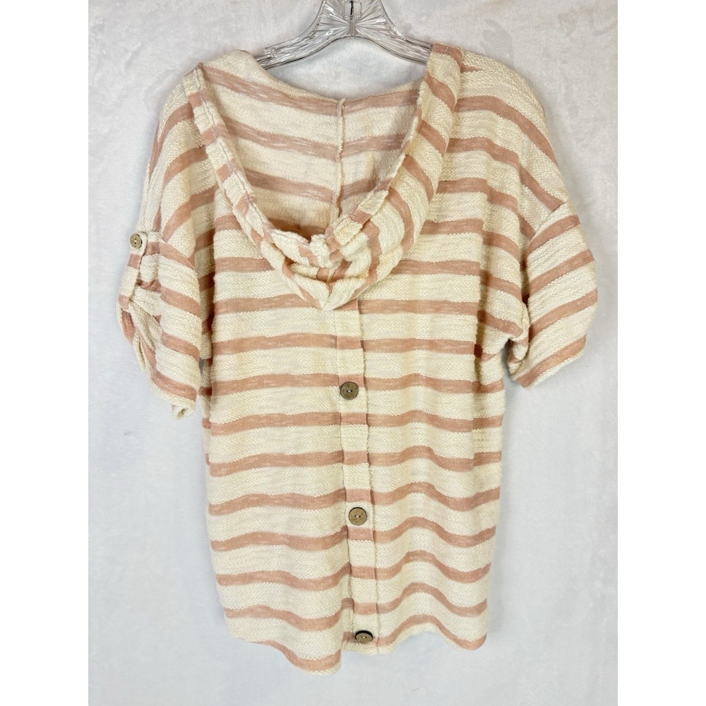Striped Hooded Knit Top M Cream Blush Button Back Cozycore Relaxed Beach - Picture 3 of 7